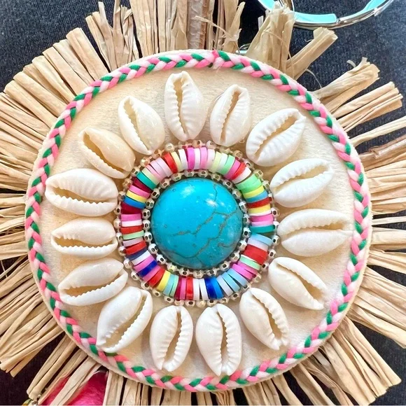 New Handmade Beaded Bohemian Medallion With Shells Neon Fringe Bag Clip Key Ring - Picture 7 of 7